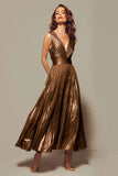 Sparkly Gold Metallic Pleated V-Neck A-Line Long Formal Dress