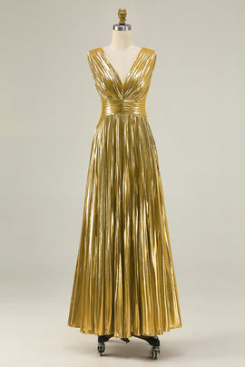 Sparkly Gold Metallic V-Neck A-Line Pleated Long Formal Dress