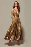 Zapakasa Women Sparkly Gold Metallic Pleated Long Formal Dress V-Neck A-Line Ankle Length Holiday Party Dress 