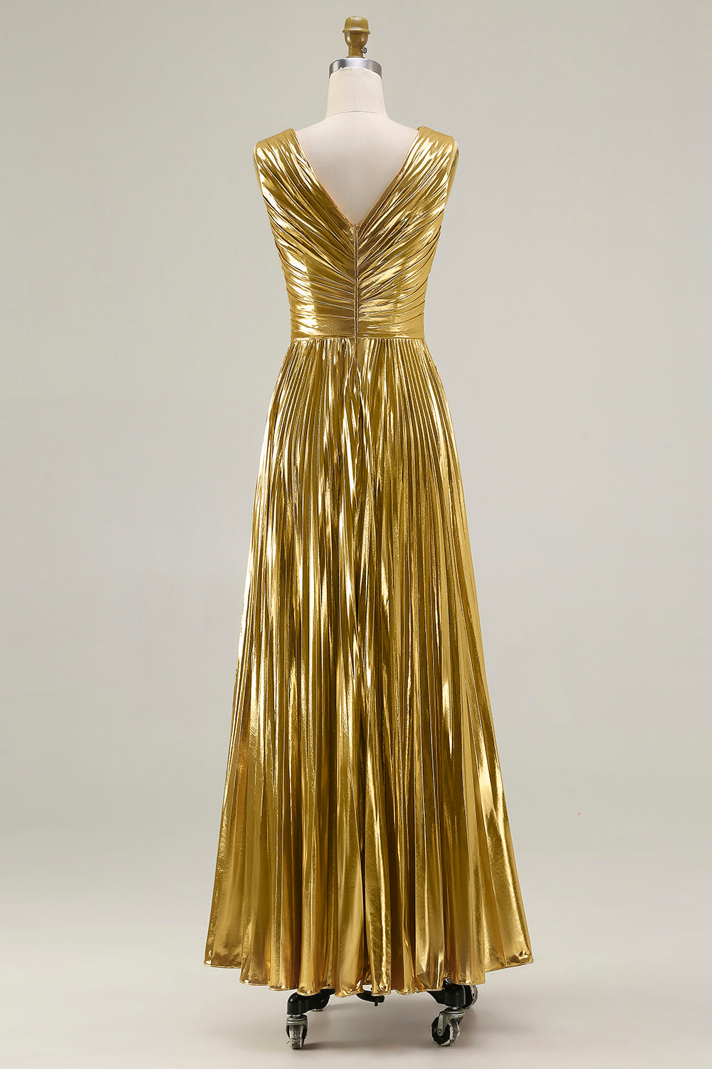Sparkly Gold Metallic V-Neck A-Line Pleated Long Formal Dress