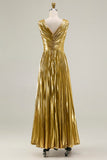Sparkly Gold Metallic V-Neck A-Line Pleated Long Formal Dress