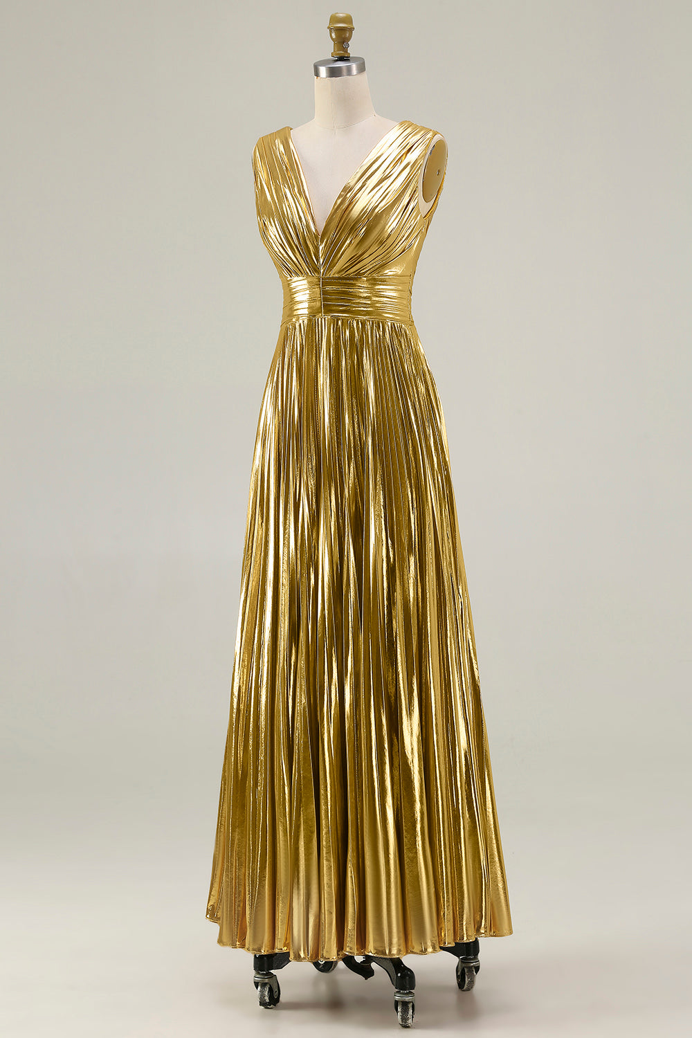 Sparkly Gold Metallic V-Neck A-Line Pleated Long Formal Dress
