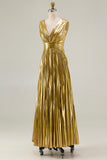 Sparkly Gold Metallic V-Neck A-Line Pleated Long Formal Dress