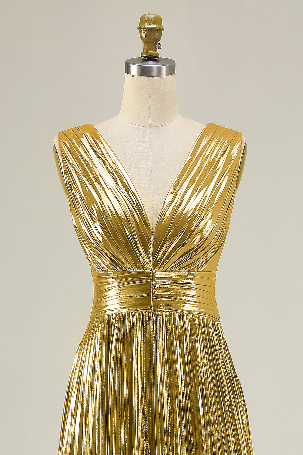 Sparkly Gold Metallic V-Neck A-Line Pleated Long Formal Dress