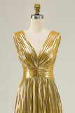 Sparkly Gold Metallic V-Neck A-Line Pleated Long Formal Dress