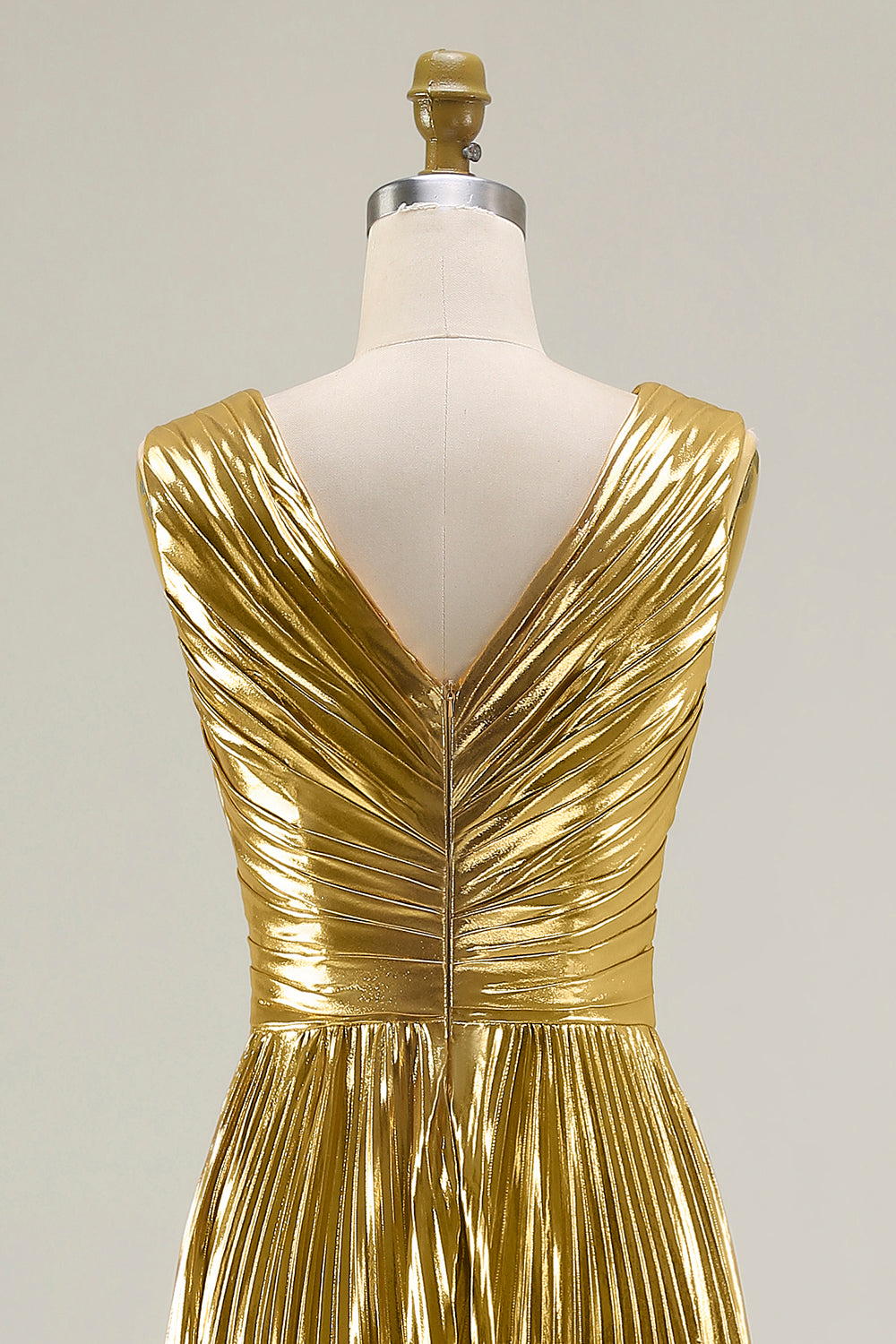 Sparkly Gold Metallic V-Neck A-Line Pleated Long Formal Dress