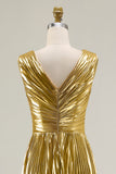 Sparkly Gold Metallic V-Neck A-Line Pleated Long Formal Dress