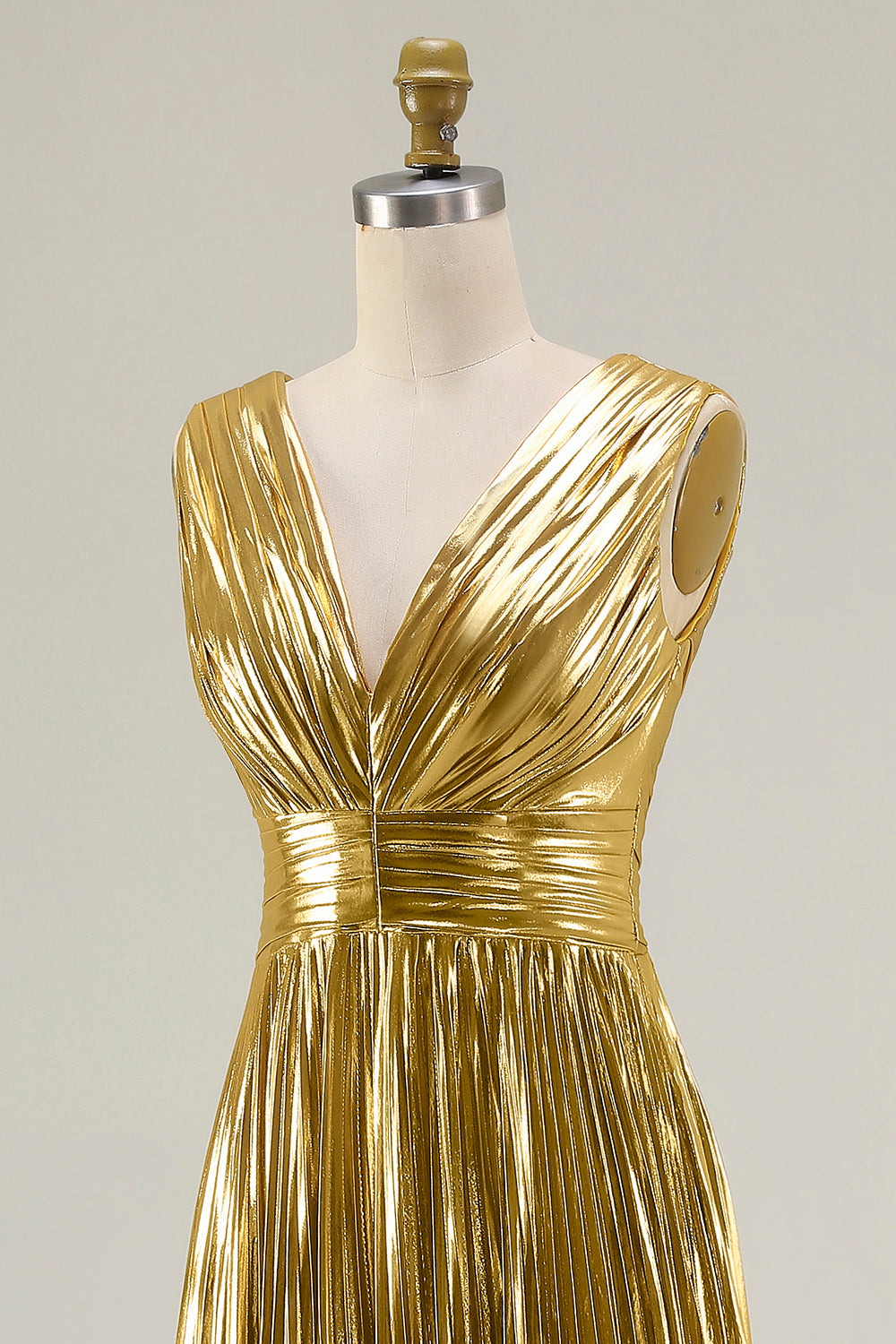 Sparkly Gold Metallic V-Neck A-Line Pleated Long Formal Dress