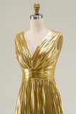 Sparkly Gold Metallic V-Neck A-Line Pleated Long Formal Dress