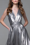 Sparkly Silver Metallic V-Neck A-Line Long Formal Dress