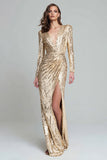 Sparkly Light Gold Sequin V-Neck Long Sleeves Long Formal Dress
