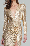 Sparkly Light Gold Sequin V-Neck Long Sleeves Long Formal Dress