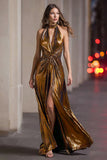 Sparkly Black Gold Halter Metallic Sheath Long Formal Dress with Slit
