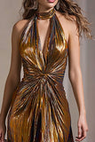 Sparkly Black Gold Halter Metallic Sheath Long Formal Dress with Slit