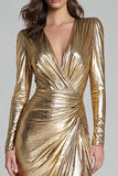 Sparkly Gold Metallic V-Neck Long Formal Dress with Slit