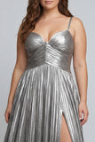 Plus Size Silver Metallic Spaghetti Straps Pleated Long Formal Dress with Slit