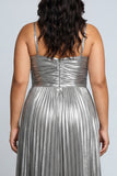 Plus Size Silver Metallic Spaghetti Straps Pleated Long Formal Dress with Slit