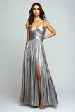 Silver Metallic Pleated Spaghetti Straps Long Formal Dress with Slit