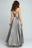Silver Metallic Pleated Spaghetti Straps Long Formal Dress with Slit