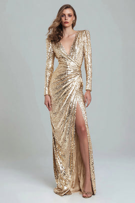 Sparkly Gold V-Neck Sequin Sheath Long Formal Dress with Slit