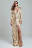 Sparkly Gold V-Neck Sequin Sheath Long Formal Dress with Slit