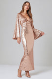Sparkly Rose Gold V-Neck Sequin Mermaid Long Formal Dress