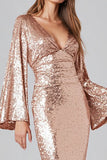 Sparkly Rose Gold V-Neck Sequin Mermaid Long Formal Dress