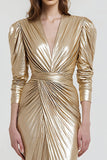 Light Gold V-Neck Metallic Sheath Long Formal Dress with Sleeves