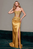 Gold Satin Sweetheart Mermaid Long Corset Formal Dress with Appliques