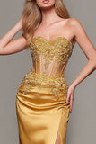 Gold Satin Sweetheart Mermaid Long Corset Formal Dress with Appliques