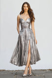 Sparkly Silver A-Line Metallic Pleated Long Formal Dress