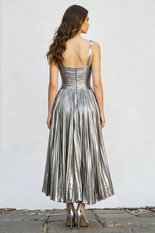 Sparkly Silver A-Line Metallic Pleated Long Formal Dress