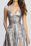 Sparkly Silver A-Line Metallic Pleated Long Formal Dress