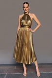Sparkly Gold A-Line Metallic Pleated Halter Long Formal Dress