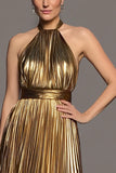 Sparkly Gold A-Line Metallic Pleated Halter Long Formal Dress