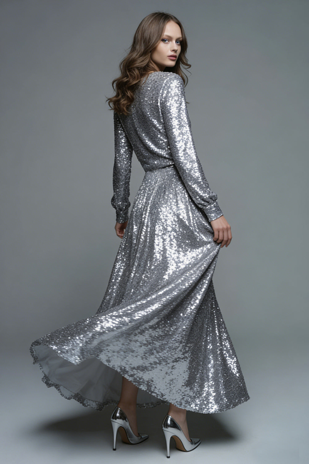 Sparkly Silver A-Line Sequin Long Formal Dress with Sleeves