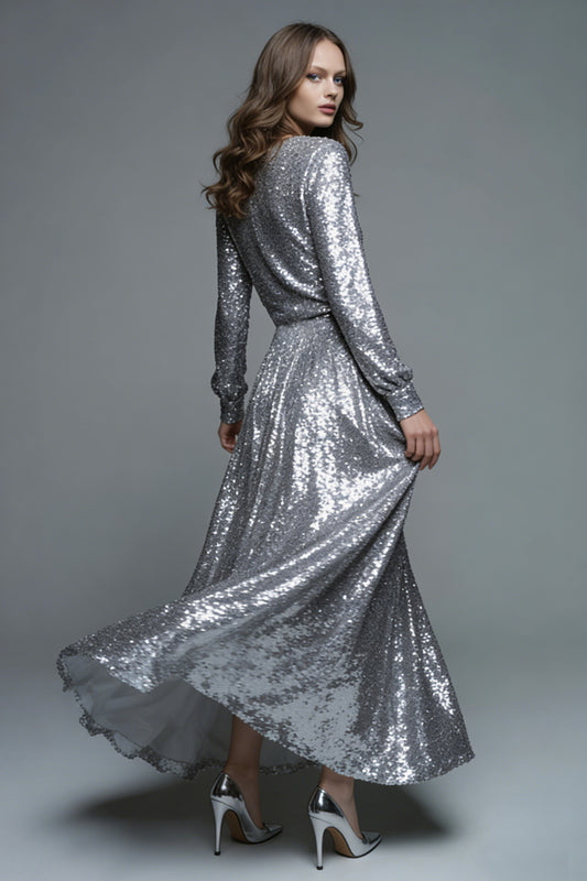 Sparkly Silver A-Line Sequin Long Formal Dress with Sleeves