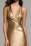 Sparkly Gold Metallic Mermaid V-Neck Long Formal Dress