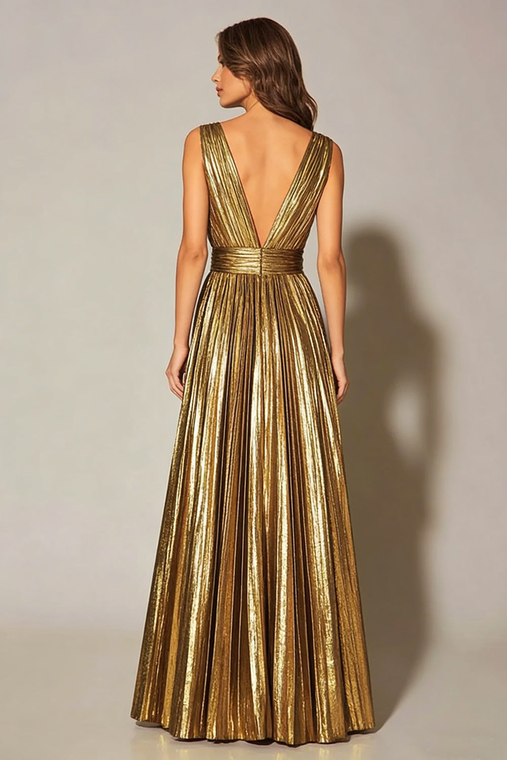 Zapakasa Women Sparkly Gold Metallic Long Formal Dress A-Line Pleated V-Neck Holiday Party Dress Zapakasa Women Sparkly Gold Metallic Long Formal Dress A-Line Pleated V-Neck Holiday Party Dress
