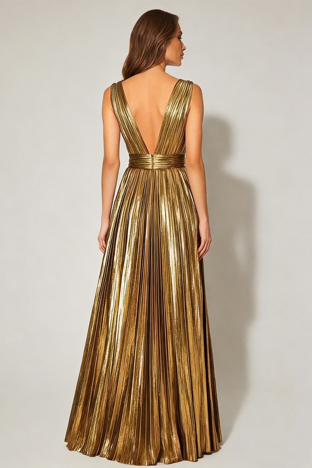 Sparkly Gold Metallic Pleated A-Line V-Neck Long Formal Dress