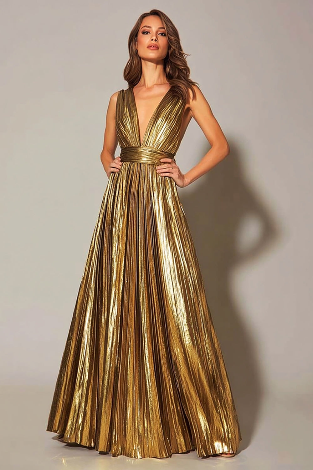 Zapakasa Women Sparkly Gold Metallic Long Formal Dress A-Line Pleated V-Neck Holiday Party Dress Zapakasa Women Sparkly Gold Metallic Long Formal Dress A-Line Pleated V-Neck Holiday Party Dress