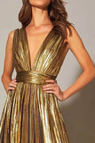 Sparkly Gold Metallic Pleated A-Line V-Neck Long Formal Dress