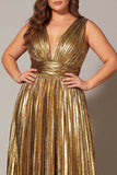 Sparkly Gold Plus Size Metallic A-Line V-Neck Pleated Long Formal Dress