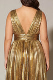 Sparkly Gold Plus Size Metallic A-Line V-Neck Pleated Long Formal Dress