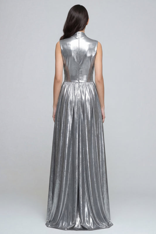 Sparkly Silver Metallic A-Line V-Neck Long Formal Dress