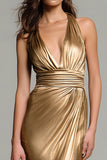Sparkly Gold Metallic Deep V-Neck Ruched Long Formal Dress