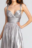 Sparkly Silver A-Line Metallic Pleated Long Formal Dress with Slit