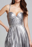 Sparkly Silver Spaghetti Straps Metallic Pleated A-Line Long Formal Dress