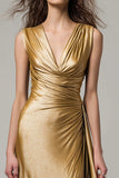 Sparkly Gold V-Neck Metallic Ruched Mermaid Long Formal Dress