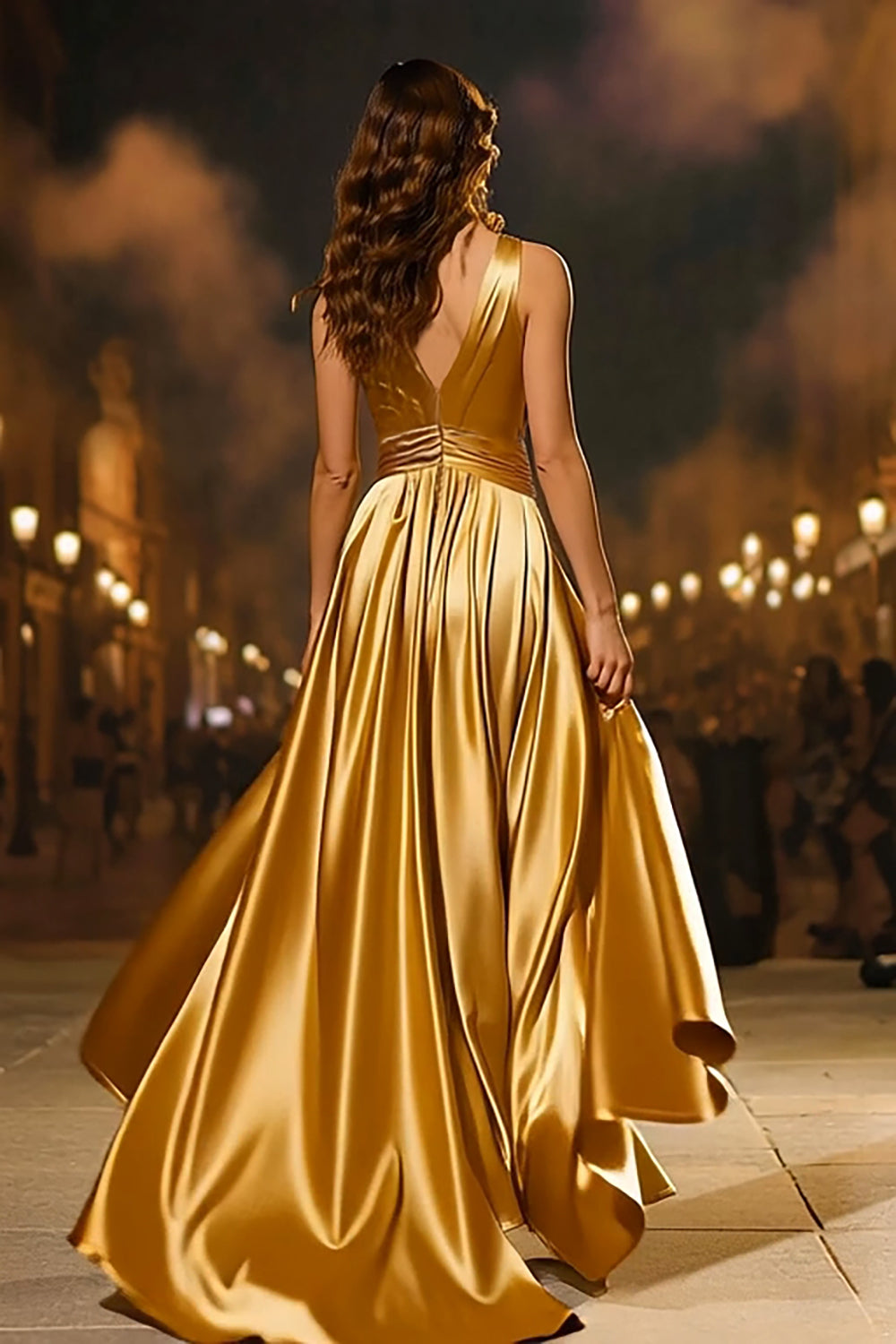Gold V-Neck Satin Mermaid Long Formal Dress with Cape